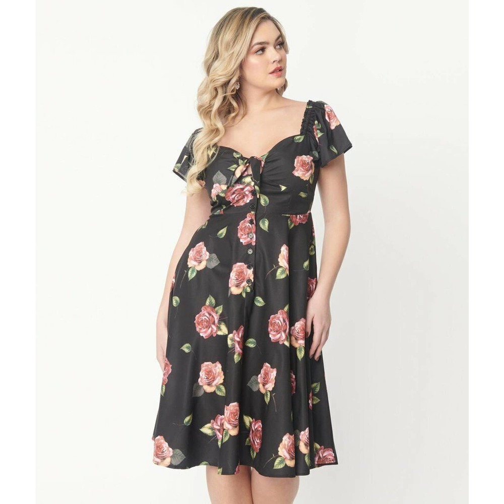 NWT Unique Vintage Black Floral Print A Line Button Front Dress Size M 6 8 Retro